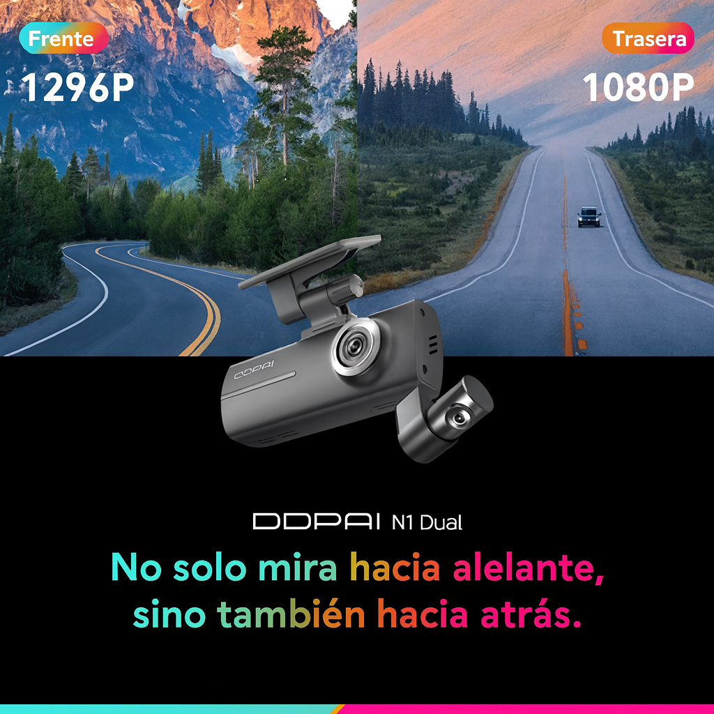 La DDPAI N1 Dual ofrece visión total con lentes gran angular de 135° + 125°, captura todo lo que ocurre alrededor de tu vehículo con precisión y calidad profesional.