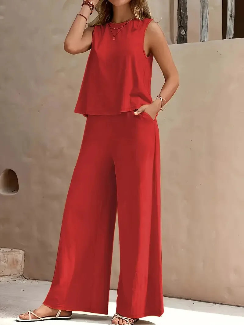 Conjunto de lino de alta calidad, sin mangas y con cintura elástica.