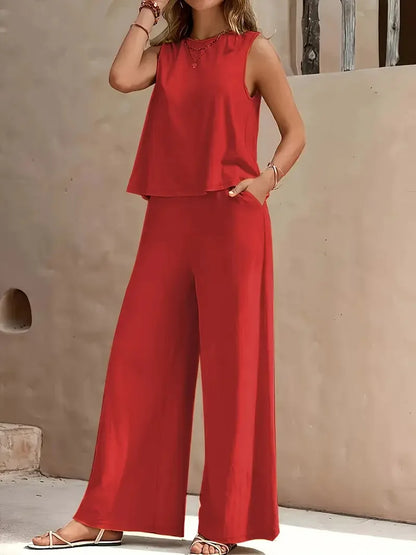 Conjunto de lino de alta calidad, sin mangas y con cintura elástica.