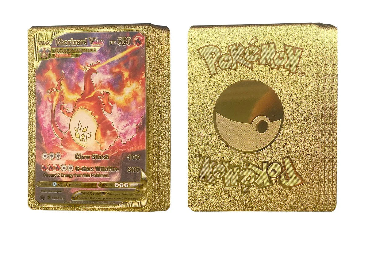 caja de lujo dorada con cartas pokemon metalicas exclusivas
