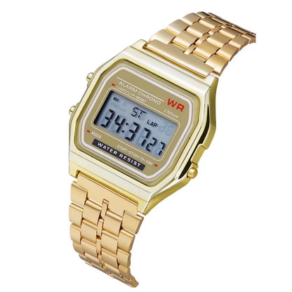 reloj retro digital dorado modelo f91w mostrado en vitrina sofisticada, ideal para hombres y mujeres con estilo.